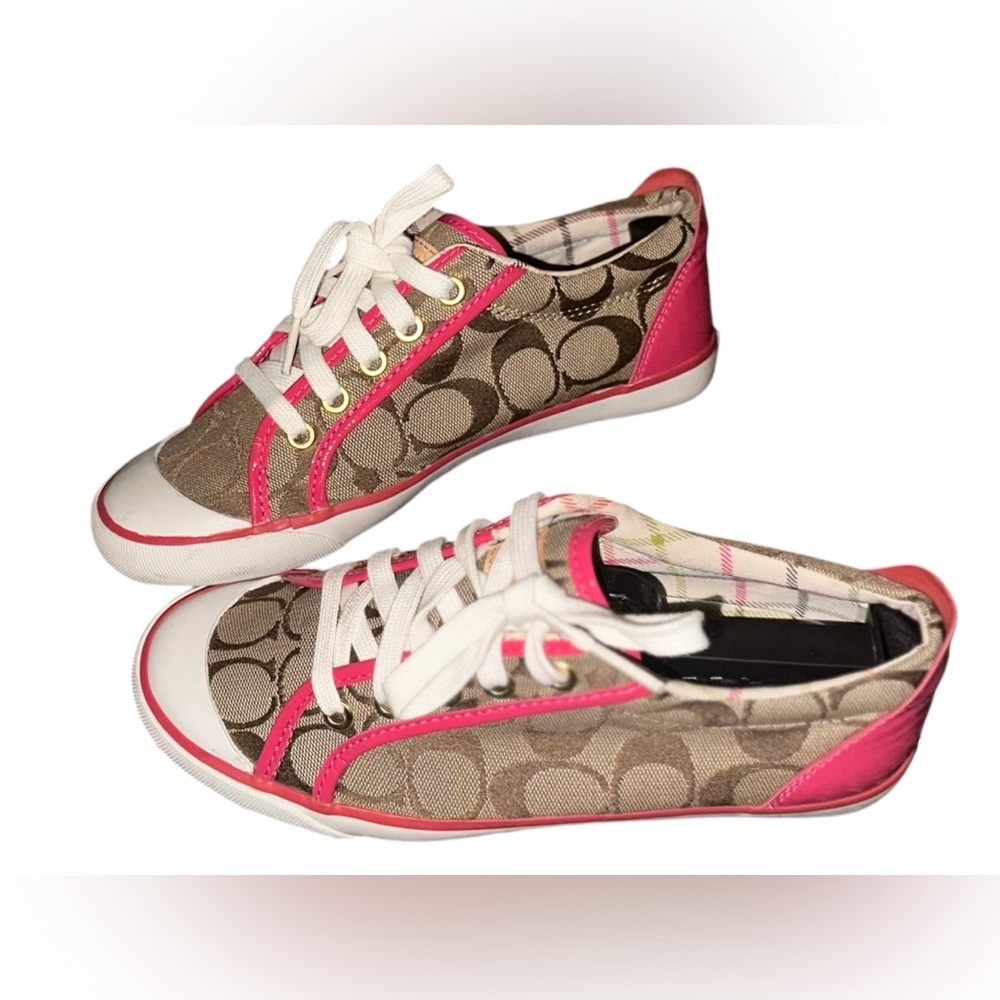 Coach “Barrett” Sneakers Brown Signature Canvas Sneakers with Pink Leather Trim - Picture 9 of 16